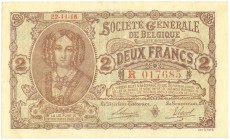 World Banknotes - Belgium - 2 Francs 22.11.1916 Queen Louise-Marie (P. 87 / Ros. 434) - VF+