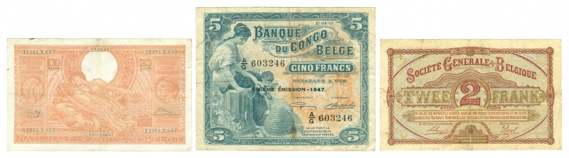 World Banknotes - Belgium - 2 Francs 7.4.1915 Queen Louise Marie (P. 87) + 100 F...