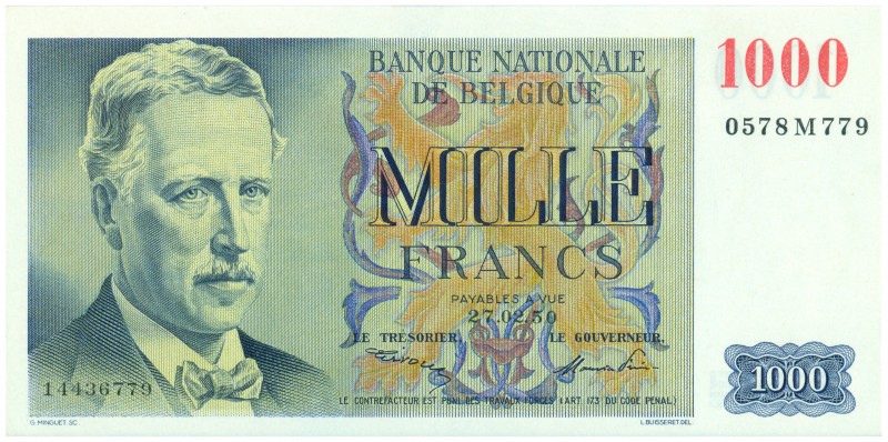 World Banknotes - Belgium - 1000 Francs 27.02.1950 King Albert (P. 131) - UNC