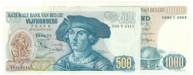 World Banknotes - Belgium - 500 Francs 25.04.1975 Bernhard van Orley (P. 135b) + 1000 Francs 23.06.1975 Mercator (P. 136b) - Total 2 pcs. - UNC