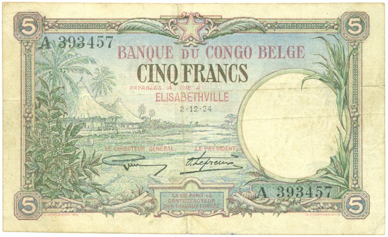 World Banknotes - Belgian Congo - 5 Francs Elisabethville 2.12.1924 - Huts and p...