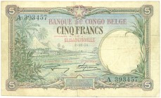 World Banknotes - Belgian Congo - 5 Francs Elisabethville 2.12.1924 - Huts and palm trees at left / River steamboat (P. 8a) - F/VF