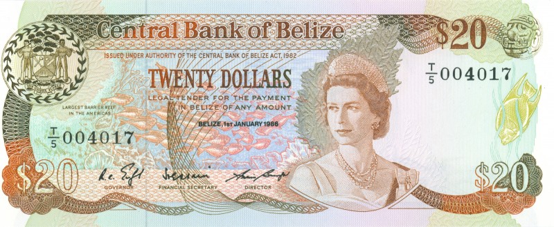 World Banknotes - Belize - 20 Dollars 1.1.1986 Queen Elizabeth II (P. 49a) - UNC