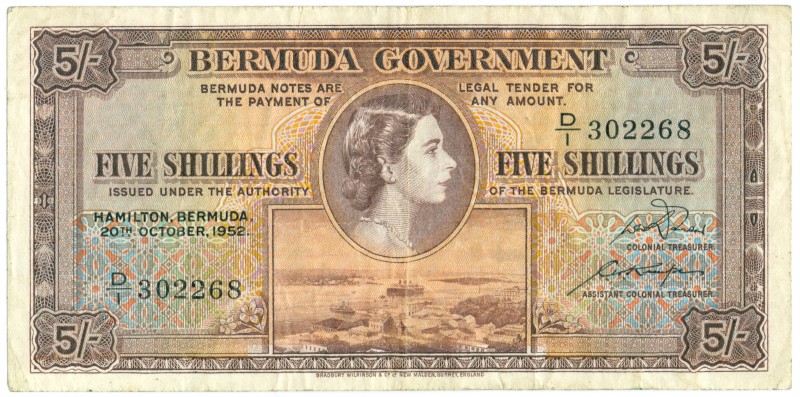 World Banknotes - Bermuda - 5 Shillings 20.10.1952 Queen Elizabeth II (P. 18a) -...