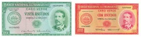 World Banknotes - Cape Verde - 50 Escudos 4.4.1972 + 100 Escudos 16.6.1958 with portrait S. Pinto at right (P. 53a + P. 49a) - Total 2 pcs. in a.UNC/U...