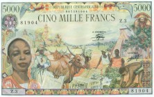 World Banknotes - Central African Republic - 5000 Francs 1.1.1980 Girl at left + village scene / Airplane, tractor + man smoking pipe (P. 8) - a.UNC/U...
