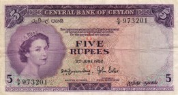 World Banknotes - Ceylon - 5 Rupees 3.6.1952 Queen Elizabeth II (P. 51) - F/VF