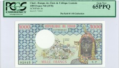 World Banknotes - Chad - 1000 Francs ND (1978) Woman at right / Mask, planes, trains + statue (P. 3b) - in PCGS Gem New 65 PPQ / from the Ruth W. Hill...