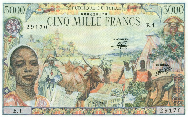 World Banknotes - Chad - 5000 Francs 1.1.1980 Girl at left + village scene / Air...