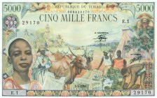 World Banknotes - Chad - 5000 Francs 1.1.1980 Girl at left + village scene / Airplane, tractor + man smoking pipe (P. 8) - a.UNC