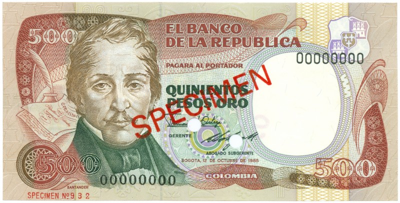 World Banknotes - Colombia - 500 Pesos 12.10.1985 Santander SPECIMEN in red (P. ...