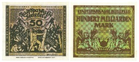 World Banknotes - Deutschland - Notgeld - Bielefeld - Clothmoney/Stoffgeld from Bielefeld; 50 Milliarden Mark 28.10.1923 & 100 Milliarden Mark 15.2.19...