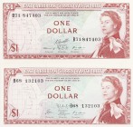 World Banknotes - East Caribbean States - 1 Dollar ND (1965) Queen Elizabeth II (P. 13f) - sign. 9 + sign. 10 - Total 2 pcs. in UNC