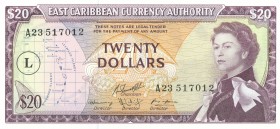 World Banknotes - East Caribbean States - 20 Dollars ND (1965) Queen Elizabeth II (P. 15l) - ovpt. L in circle = St. Lucia - UNC