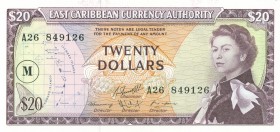 World Banknotes - East Caribbean States - 20 Dollars ND (1965) Queen Elizabeth II (P. 15m) - ovpt. M in circle = Montserrat - a.UNC/UNC