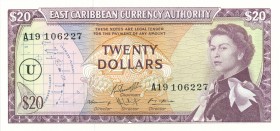 World Banknotes - East Caribbean States - 20 Dollars ND (1965) Queen Elizabeth II (P. 15n) - ovpt. U in circle = Anguilla - UNC