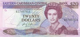 World Banknotes - East Caribbean States - 20 Dollars ND (1987-88) Queen Elizabeth II (P. 19a) - suffix letter A = Antigua - UNC