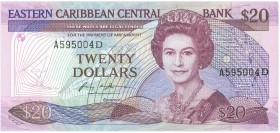 World Banknotes - East Caribbean States - 20 Dollars ND (1987-88) Queen Elizabeth II (P. 19d) - suffix letter D = Dominica - UNC