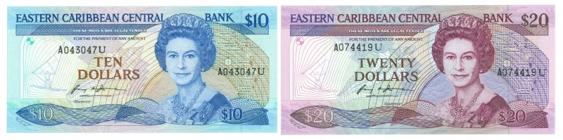 World Banknotes - East Caribbean States - 10 + 20 Dollars ND (1985-93) Queen Eli...