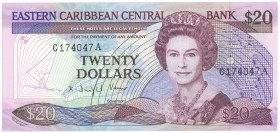 World Banknotes - East Caribbean States - 20 Dollars ND (1985-93) Queen Elizabeth II (P. 24a2) - Anguilla island named - suffix letter A = Antigua - s...