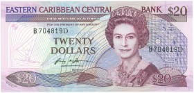 World Banknotes - East Caribbean States - 20 Dollars ND (1985-93) Queen Elizabeth II (P. 24d1) - Anguilla island named - suffix letter D = Dominica - ...