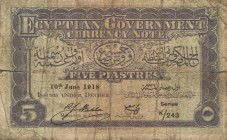 World Banknotes - Egypt - Egyptian Government - 5 Piastres 10.6.1918 (P. 161) - 10 mm. tear left margin - VG