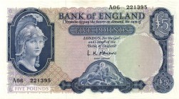 World Banknotes - England - 5 Pounds ND (1957-61) Helmeted Brittannia (P. 371a) - small brown stain - XF+