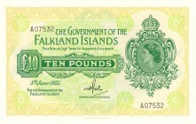 World Banknotes - Falkland Islands - 10 Pounds 5.6.1975 Queen Elizabeth at right (P. 11a) - sign. H.T. Rowlands - a.UNC