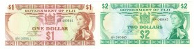 World Banknotes - Fiji - Government of Fiji - 1 + 2 Dollars ND (1971) - Queen Elizabeth II (P. 65b + 66a) - Total 2 pcs. - in avg. a.XF