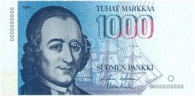 World Banknotes - Finland - 1000 Markkaa 1986 Chydenius SPECIMEN perforated (P. 114s) - 0000000000 - 3 mm. tear lower margin - XF/UNC