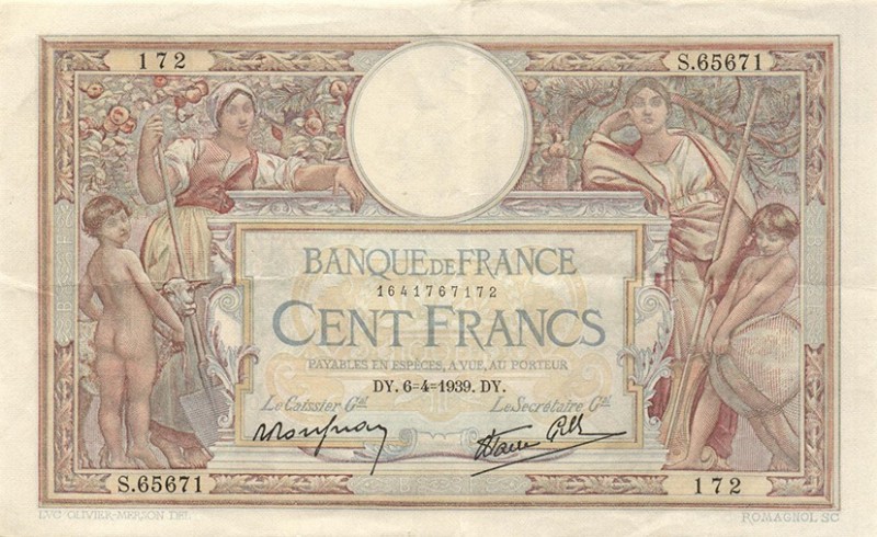 World Banknotes - France - 100 Francs 6.4.1939 (P. 86b) - VF+