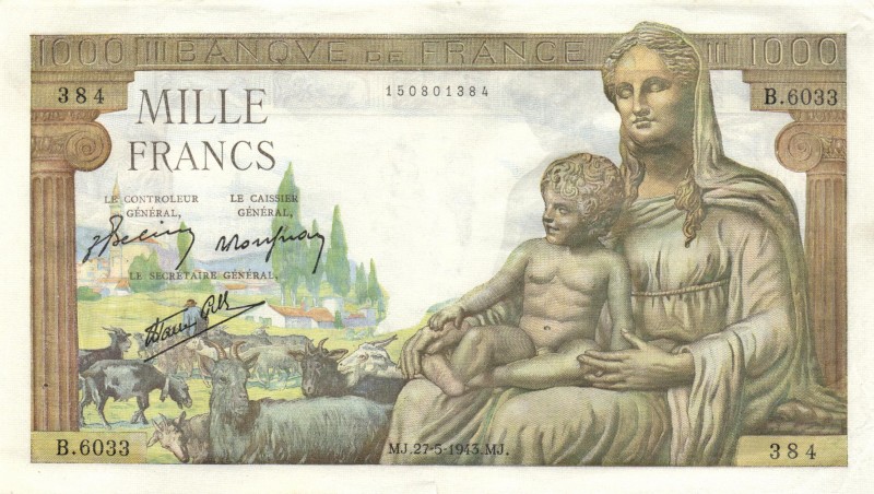 World Banknotes - France - 1000 Francs 27.5.1943 Ceres seated with Hermes / Merc...