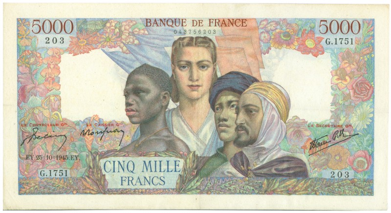 World Banknotes - France - 5000 Francs 25.10.1945 Allegory of France with three ...