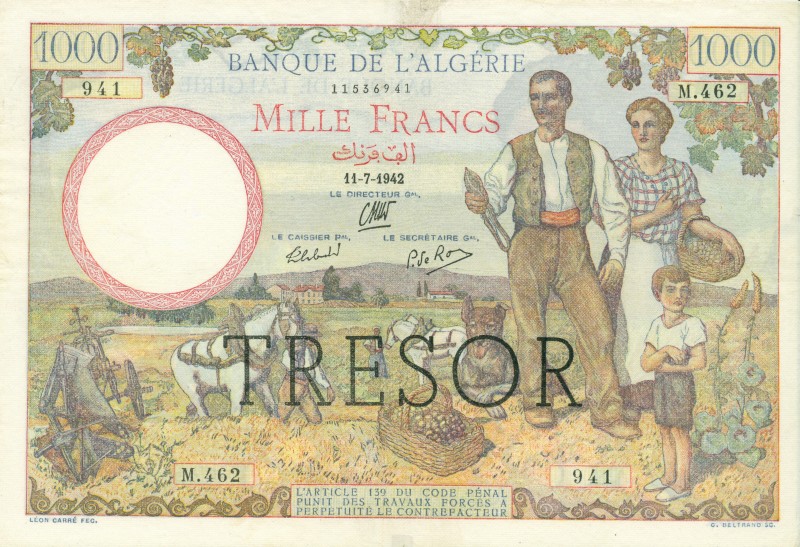 World Banknotes - France - 1000 Francs ND (1945) old date 11.7.1942 ovpt TRESOR ...