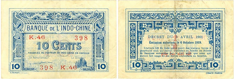 World Banknotes - French Indo-China - 10 Cents L. 1919(1920-1923) Red serial + b...