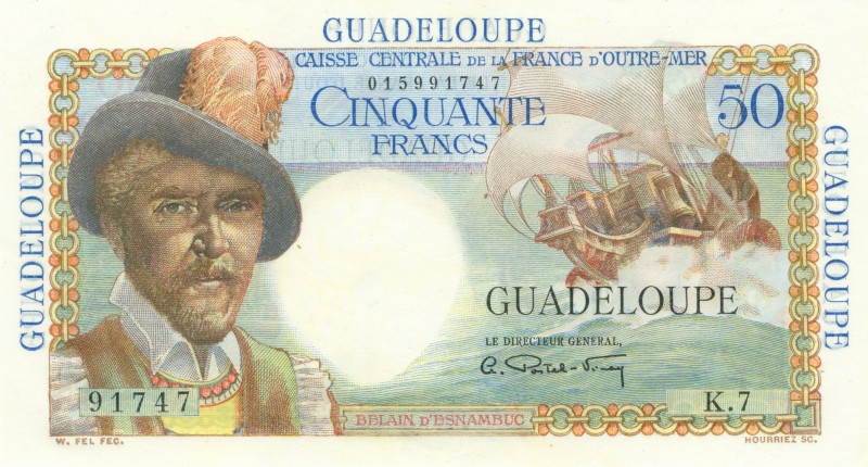 World Banknotes - Guadeloupe - 50 Francs ND (1947-49) B. d'Esnambuc at left, sai...