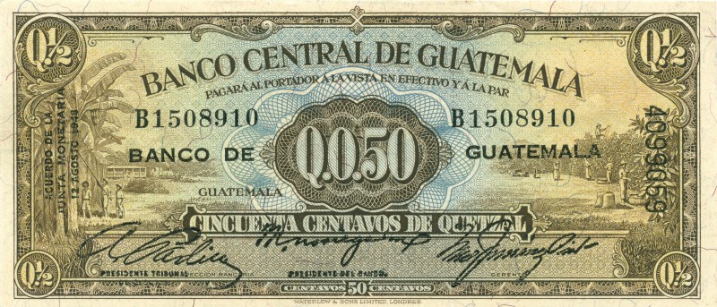 World Banknotes - Guatemala - 1/2 Quetzal 12.8.1946 Banana plantation / Lake + V...