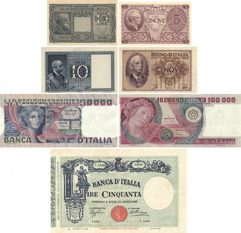 World Banknotes - Italy - 5 Lire 1940 (P. 28), 10 Lire 1939 (P. 25c), 5 Lire 194...