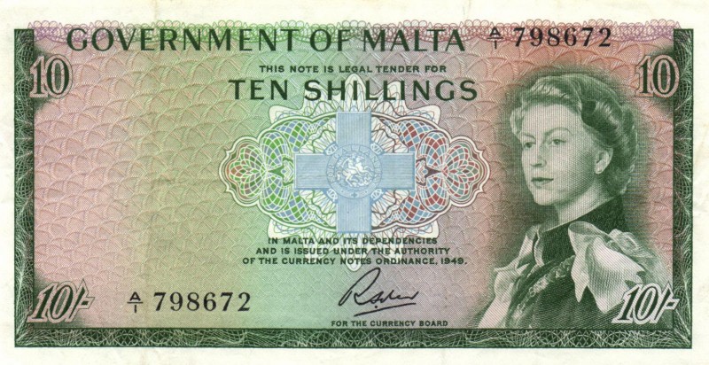 World Banknotes - Malta - 10 Shillings L.1949 (1963) Queen Elizabeth II / Mgarr ...