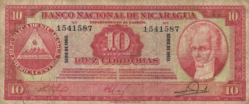 World Banknotes - Nicaragua - 10 Cordobas 1960 M. de Larreynaga / Independence m...