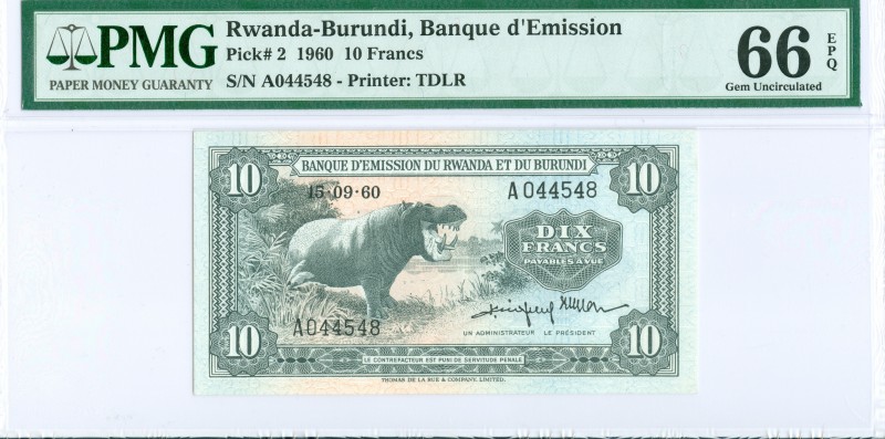 World Banknotes - Rwanda-Burundi - 10 Francs 15.9.1960 Hippo (P. 2) - UNC - in P...