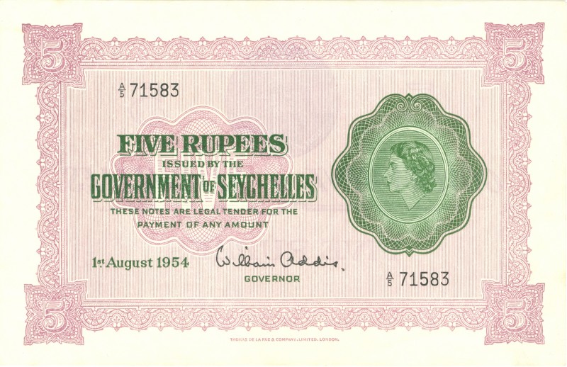 World Banknotes - Seychelles - 5 Rupees 1.8.1954 Queen Elizabeth II (P. 11a) - X...