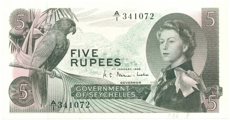 World Banknotes - Seychelles - 5 Rupees 1.1.1968 Elizabeth II (P. 14a) - Black p...