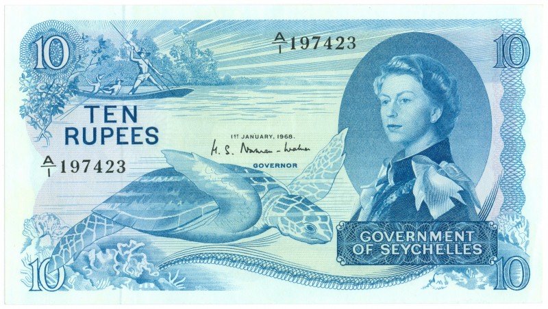 World Banknotes - Seychelles - 10 Rupees 1.1.1968 Elizabeth II (P. 15a) - sea to...