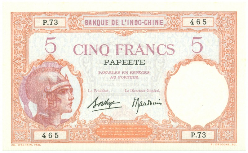 World Banknotes - Tahiti - 5 Francs ND (1927) Papeete (P. 11c) - 2 pinholes - a....