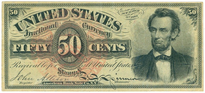 World Banknotes - USA - 4th Issue - 50 Cents 3.3.1863 Lincoln (P. 119a) - back g...