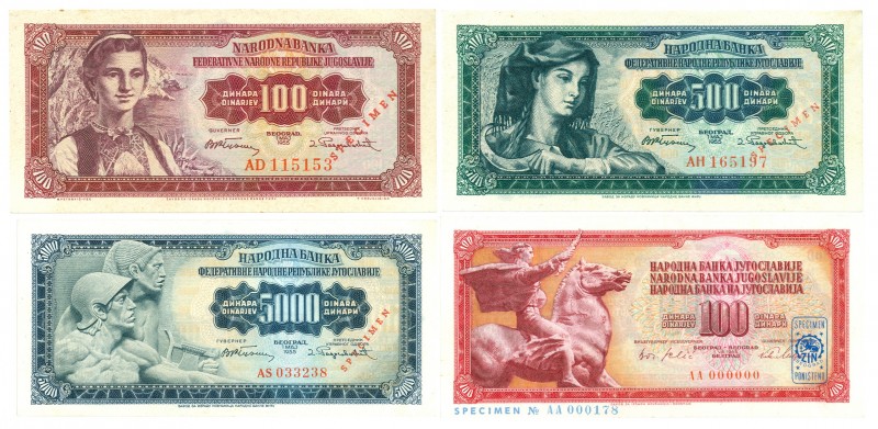 World Banknotes - Yugoslavia - 100, 500+ 1000 Dinara 1.5.1955 SPECIMEN red ovpt....