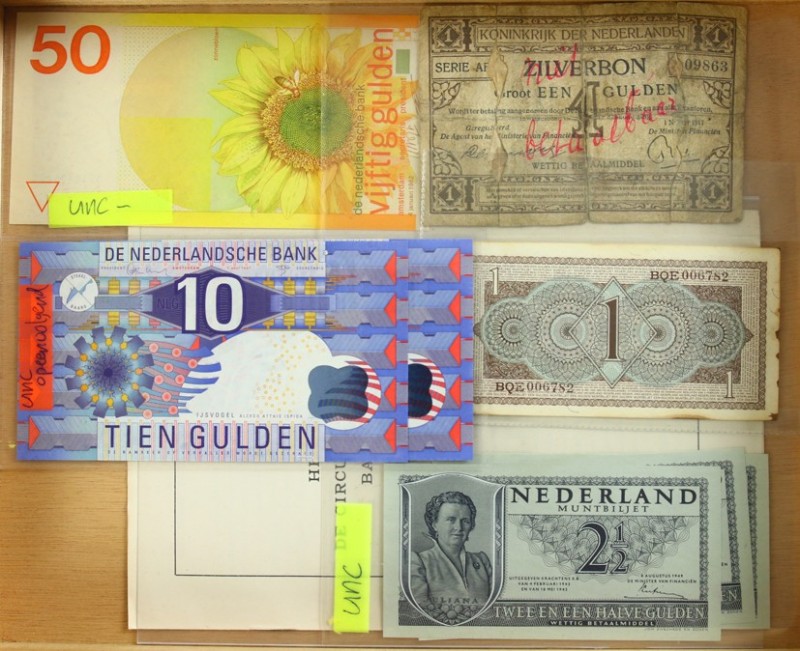 Nederland - Doosje biljetten NL wo. 2.5 Gulden Juliana, 10 Gulden Ijsvogel, 50 G...