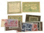 Ned. Indië / Indonesië - Doosje bankbiljetten Ned. Indië wo. 2.5 Gulden 1940 verder wat Nederland en Suriname plus wat vervalsingen