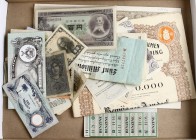 Miscellaneous - Small box banknotes world including Japan (P. 90c) 20x UNC, Germany, Biafra, etc. + some shares